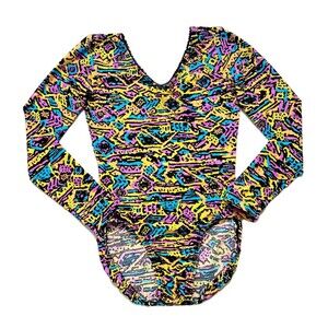 GK Elite VTG 80s Oceanic Memphis Geometric Leotard Long Sleeve Size AM Adult M